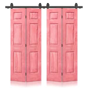 48 in. x 84 in. Antique Red Stain 6-Panel MDF Hollow Core Composite Double Bi-Fold Barn Doors with Sliding Hardware Kit