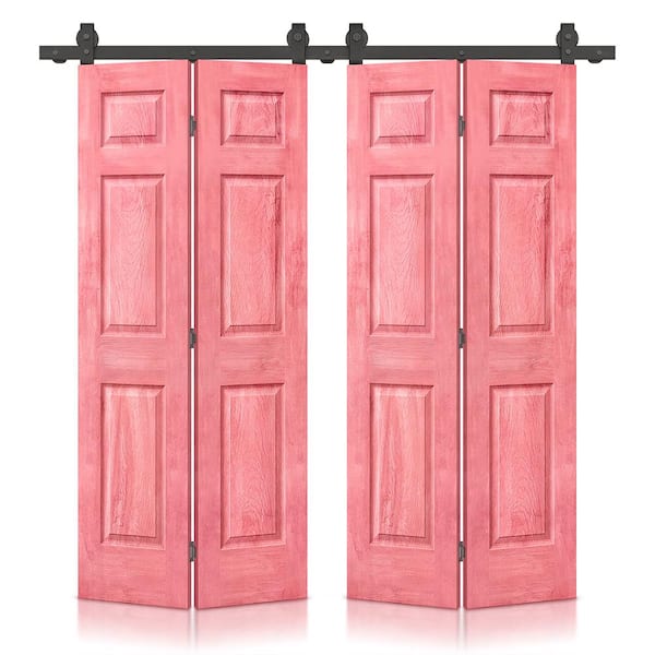 CALHOME 48 in. x 84 in. Antique Red Stain 6-Panel MDF Hollow Core Composite Double Bi-Fold Barn Doors with Sliding Hardware Kit