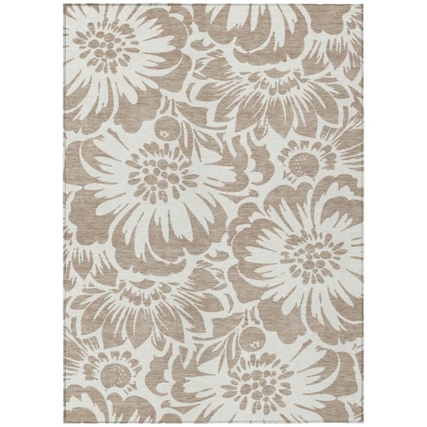 HomeRoots Taupe, Ivory 5 ft. x 8 ft. Woven Floral Polyester Rectangle Indoor / Outdoor Area Rug