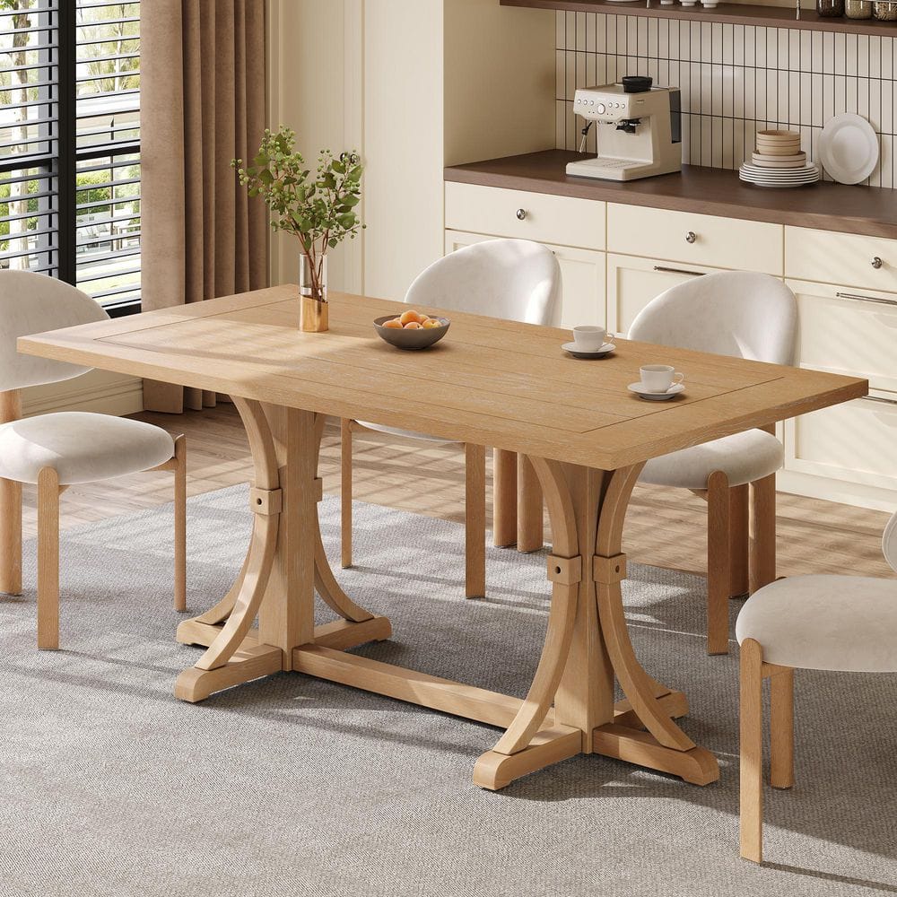 Natural Wood Wash Wood 36 in. Trestle Base Rectangular Dining Table Seats 6 with Solid Rubberwood Frame