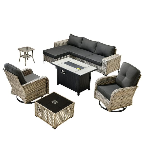 Verano 9-Piece Wicker Outdoor Patio Conversation Sofa Swivel Chairs Set with Metal Fire Pit and Black Cushions