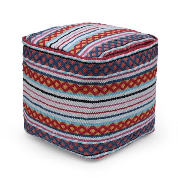 Noble House Rawson White, Yellow, and Multi-Red Peruvian Print Cube Pouf