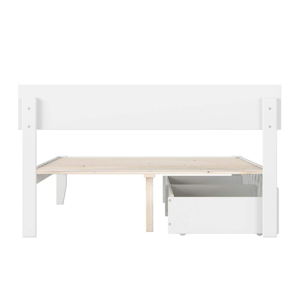 White Full Wood Platform Bed with Storage Drawers and Headboard