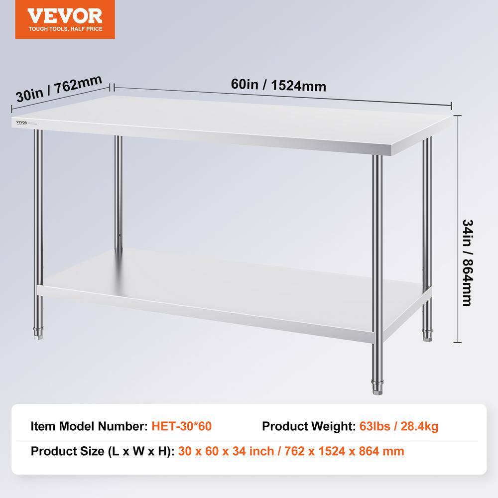VEVOR 60'' Stainless Steel Work Table with 2 Shelves