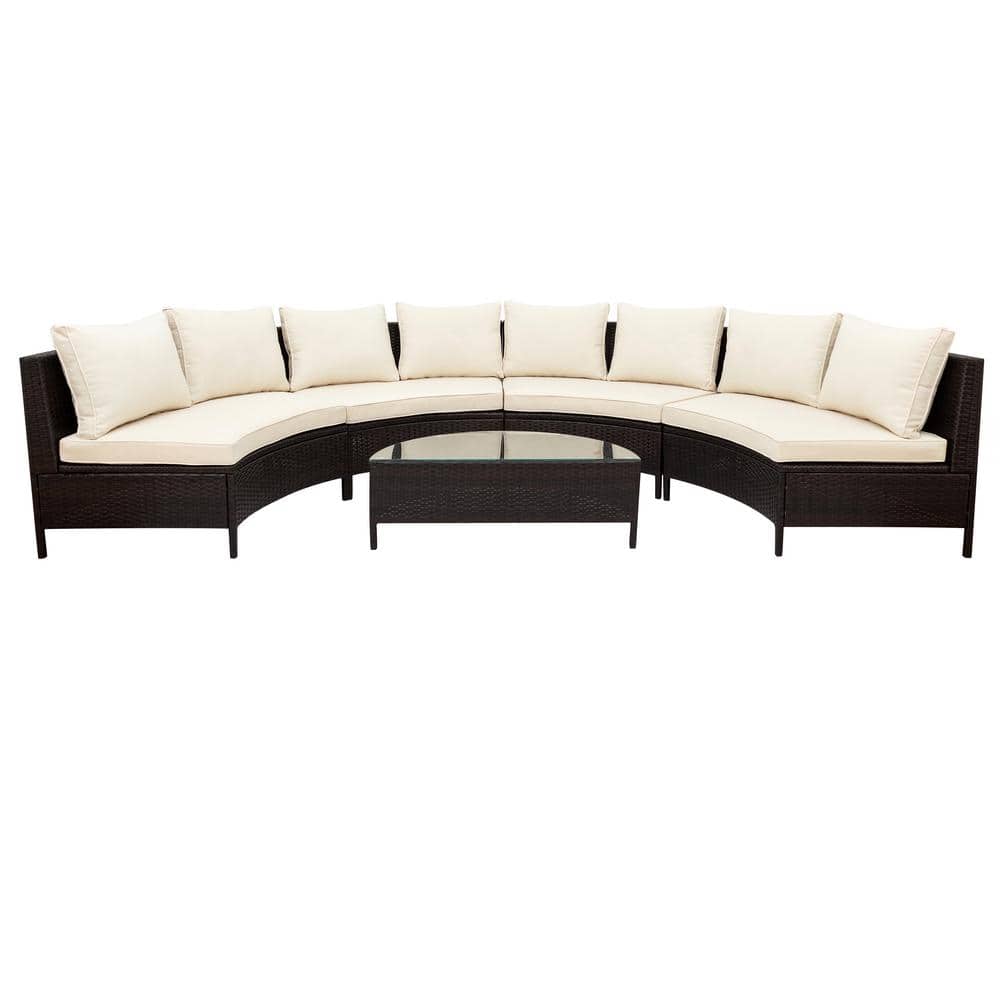 Brown 5-Piece All-Weather Rattan Wicker Outdoor Sectional Sofa Half-Moon So