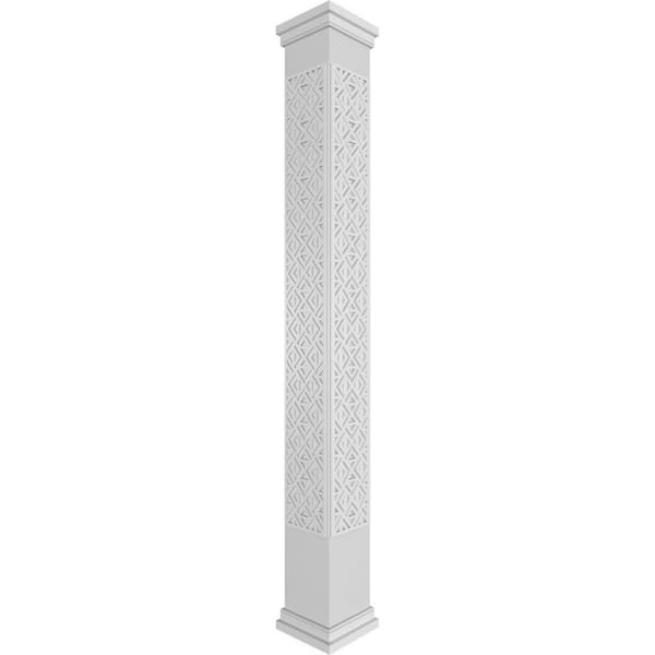 Ekena Millwork 11-5/8 in. x 9 ft. Premium Square Non-Tapered Mid-Century Fretwork PVC Column Wrap Kit w/Prairie Capital and Base