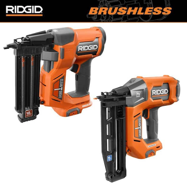 RIDGID 18V Brushless Cordless 18GA 2 1 8 in. Brad Nailer with 18V Brushless 16GA 2 1 2 in. Straight Finish Nailer Tools Only R09891B R09893B The Home Depot