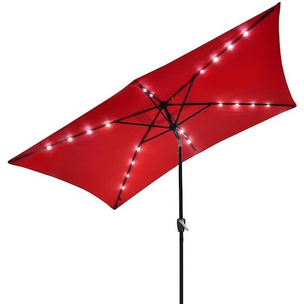 Unbranded 10x6.5ft Outdoor Rectangle Solar Powered LED Patio Umbrella with Crank Tilt, Red