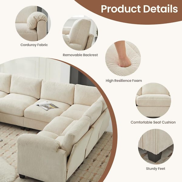 JEAREY 115 in. Corduroy Modular L-Shaped Beige 7-Seat Sectional