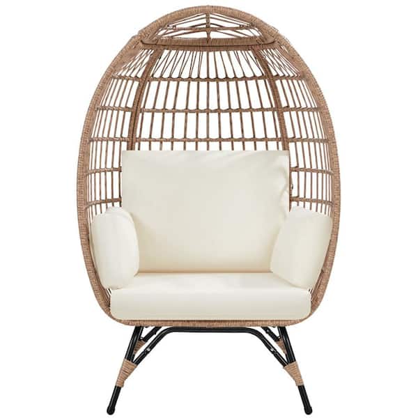 PE Rattan Egg-Shaped Chair Outdoor Wicker Egg Basket Lounge Chair with 4 Ivory Cushions for Patio Backyard