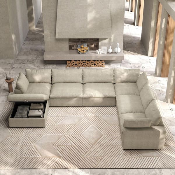 7-piece Brown Feather Sectional Sofa 157.3 in. Linen Polyester Modular Free Combination Living Room Set with Storage