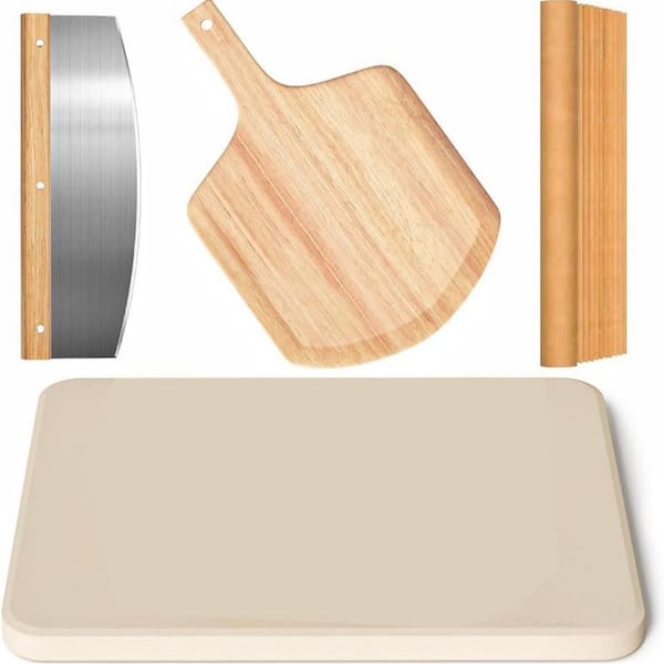 4 Piece Pizza Stone Set with Pizza Peel Cutter Parchment Paper for Oven Grill Baking Bread BBQ Accessory