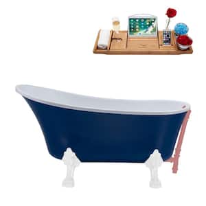 55 in. x 26.8 in. Acrylic Clawfoot Soaking Bathtub in Matte Dark Blue with Glossy White Clawfeet and Matte Pink Drain