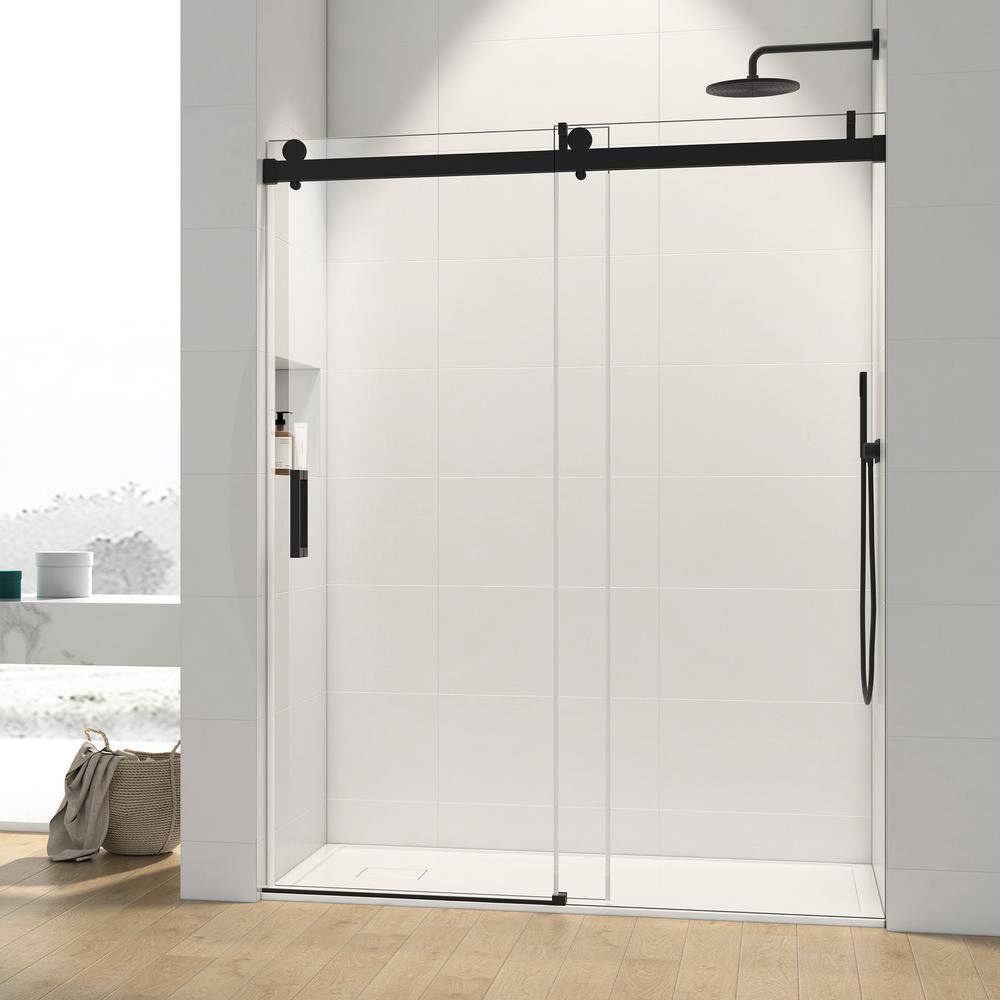 60 in. W x 76 in. H Sliding Frameless Shower Door in Matte Black with