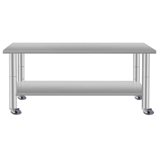 60''x24'' Commercial Work Table, Stainless Steel Kitchen Prep Table with Under Shelf & Wheels for Restaurant in Silver