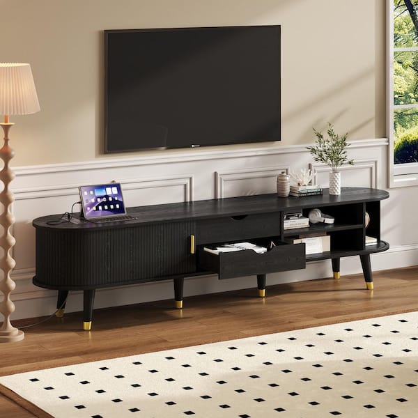 Black Wooden Oval Fluted TV Stand Fits TVs up to 80 in. with Charging Station, Sliding Tambour Door, Golden Handle