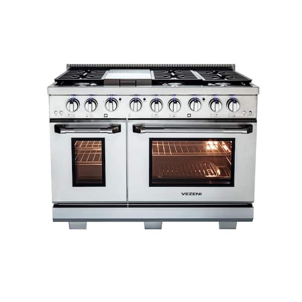 Randolph Collection 48" 7 Burners + Griddle Double Oven Gas Range in Stainless Steel