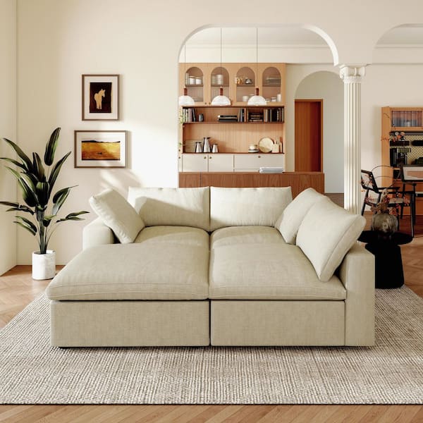79 in. Modular Khaki Linen Full Size 3-Seat Storage Sleeper Sofa Bed with Ottoman, Detachable Covers for Apartment