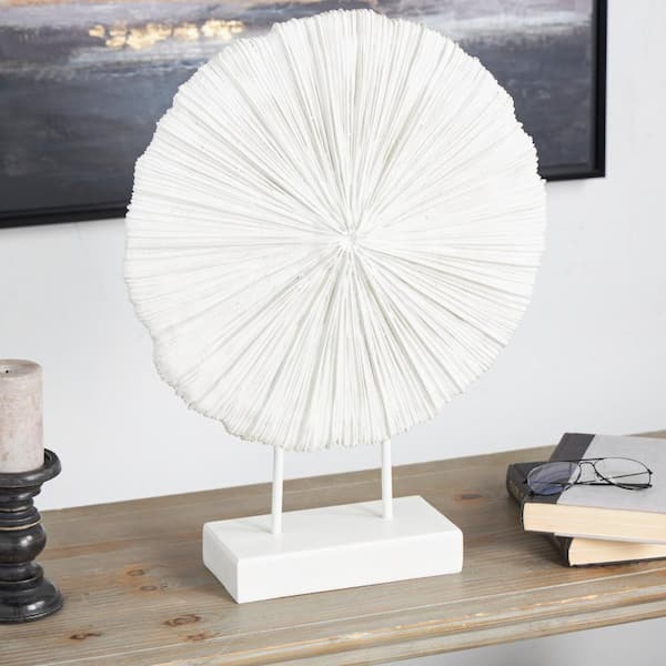 Litton Lane 23 in. Cream Resin Textured Round Coral Sculpture with Elevated Stand