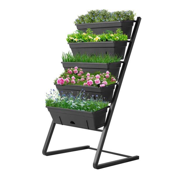 WeGuard Vertical 41.3 in. H Black Metal with Plastic Container Boxes 5-Levels Raised Garden Bed