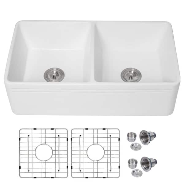 33 in. Farmhouse/Apron-Front Double Bowl White Ceramic Kitchen Sink with Accessories