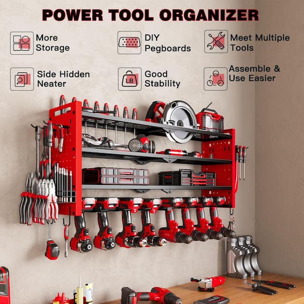 16.5 in. Red Steel 4-Tier Power Tool Organizer Shelving Wall Mount Utility Storage Rack 1-Pack，RED/BLACK/YELLOW