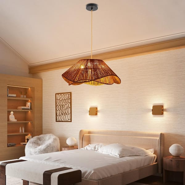 OUKANING 3-Light Yellow Bohemian Shaded Pendant Light with Hemp