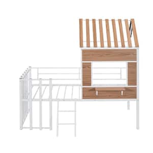 Playhouse White Twin Size Loft Bed for Kids, Metal Low Loft Bed with Wood Roof and Window, Fence-Shaped Guardrail
