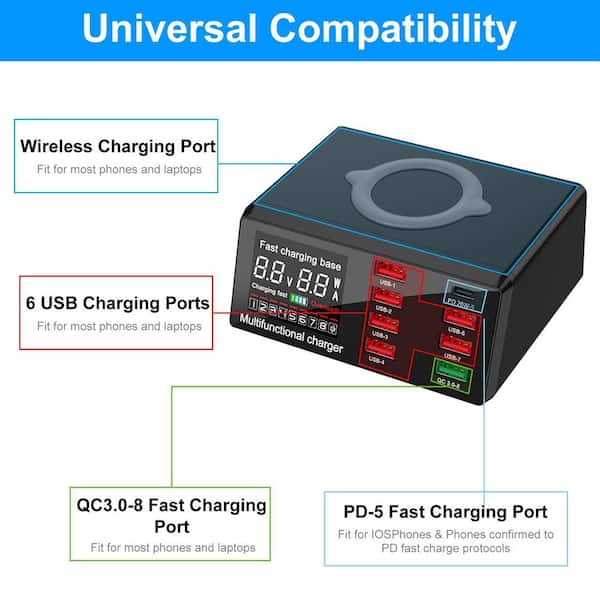 Etokfoks 100W USB Charger Hub 8-Port USB Charging Station with LCD Display  Wireless Charging Pad MLSX03LT034 - The Home Depot