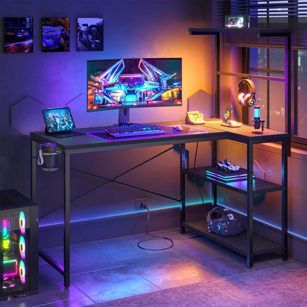 40.6 in. Reversible L-Shaped Black Carbon Fiber Gaming Desk with Built-In Power Strip and LED Lighting