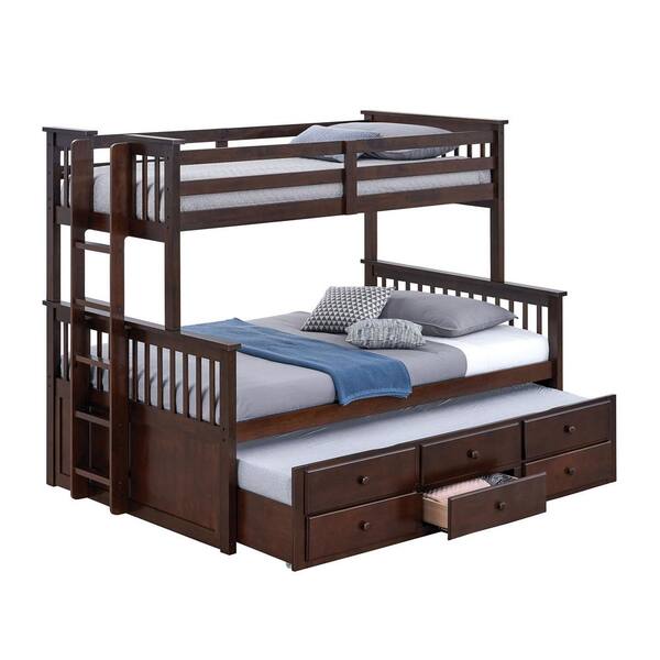 Seafrost Dark Walnut Twin Over Full Bunk Bed with Trundle and 3-Drawers