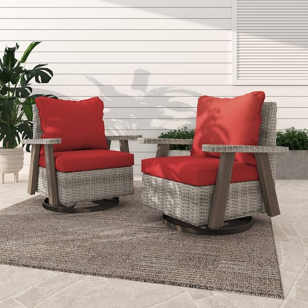INMITOM Wicker Patio Outdoor Rocking Chair Swivel Lounge Chair with Red Cushion (2-Pack)