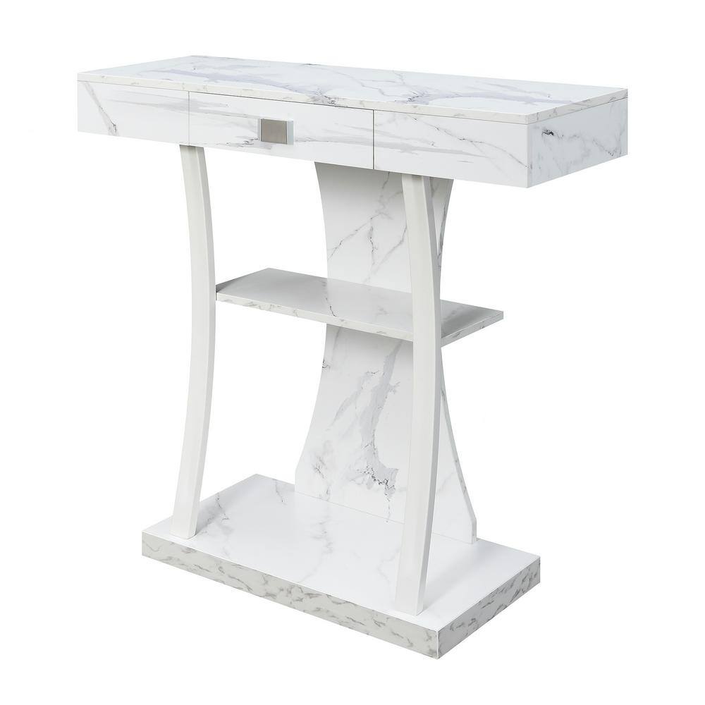Newport 36" White Faux Marble Console Table with Storage Shelves