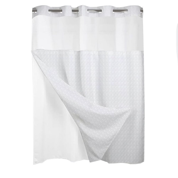 No Hook Shower Curtain with Snap in Liner Set 71x74 Inch Modern White Fabric for Bathroom Hotel Decor
