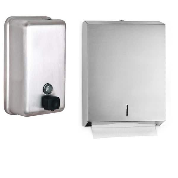 Alpine Industries Stainless Steel C-Fold/Multi-Fold Paper Towel Dispenser and Push Button Vertical Liquid Soap Commercial Dispenser Combo