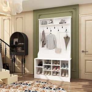 68.5 in. White Wood 3-in-1 Hall Tree Coat Rack Storage Bench with 7-Metal Double Hooks and Shelves