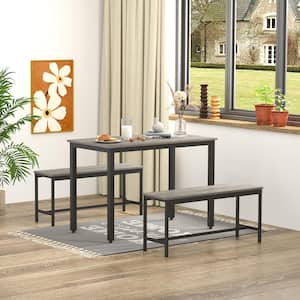 Gray 3-Pieces Dining Table Bench Set, Bar Table with 2 Dining Benches, Kitchen Table Counter with Chairs