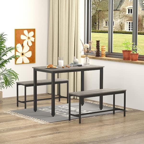IDEAGLE Gray 3-Pieces Dining Table Bench Set, Bar Table with 2 Dining Benches, Kitchen Table Counter with Chairs