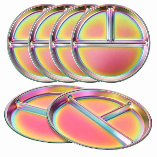 9 Inch Stainless Steel Divided Plates Set of 6 with Colorful Finish for Toddlers and Kids Meal Portion Control