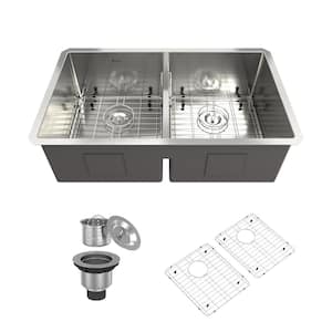 32 in. Undermount Double Bowl 18-Gauge Stainless Steel Kitchen Sink with Bottom Grids, Drain Cap and Strainer Basket