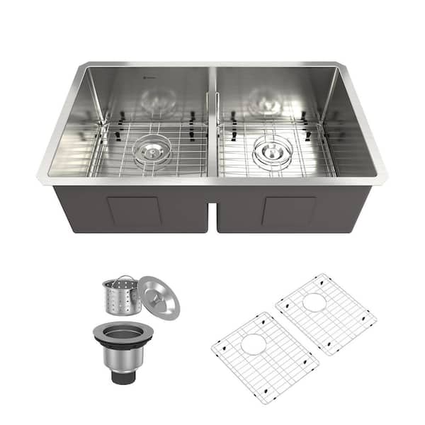 Boyel Living 32 in. Undermount Double Bowl 18-Gauge Stainless Steel Kitchen Sink with Bottom Grids, Drain Cap and Strainer Basket