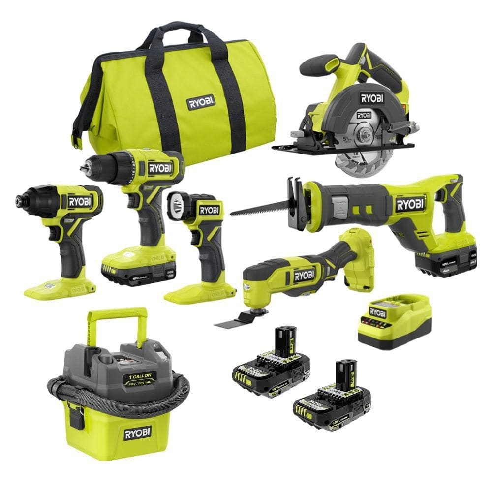 Ryobi ONE+ 18V Cordless 6-Tool Combo Kit with (4) Batteries, Charger, and ONE+ 18V Cordless 1 Gal. Wet/Dry Vacuum