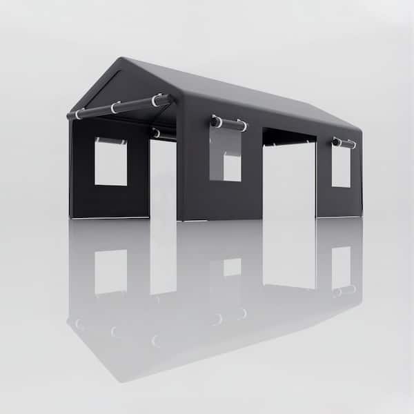 10 ft. x 20 ft. Outdoor Heavy-Duty Carport Garage Canopy, Portable Garage with Mesh Windows and Rolling Doors in Grey