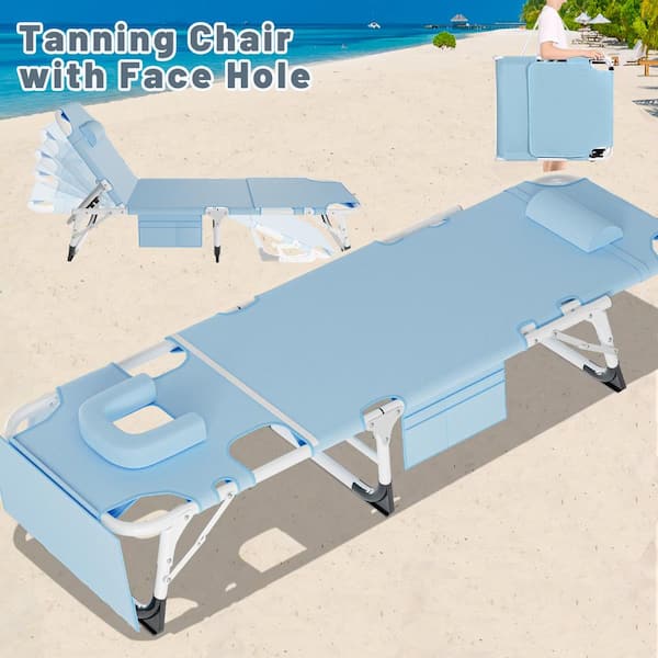 BOZTIY Folding Beach Chair with 5-Adjustable Positions, Detachable 2-Sided Twin Pad and Pillow for Sunbathing, Poolside, Patio