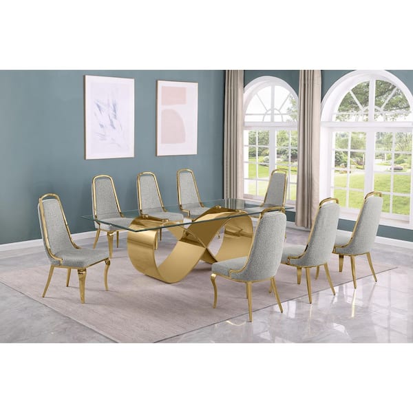 Best Quality Furniture Celia 9-Piece Clear Tempered Glass Top with Gold Stainless Steel Base Dining Set with 8 Rich Grey Boucle Fabric Chairs