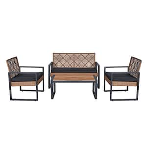 4-Piece Black and Light Brown Outdoor Patio Conversation Set for Balcony Porch Garden Backyard Lawn with Black Cushion