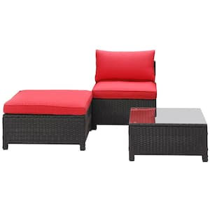 3-Piece Patio Furniture Set Outdoor Sofa Set Patio Conversation with Removable Red Cushions
