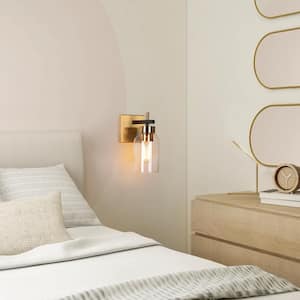 Modern 1-Light Brass Gold Wall Sconce, Black Vanity Light with Cylinder Clear Glass Shades Wall Light for Bathroom