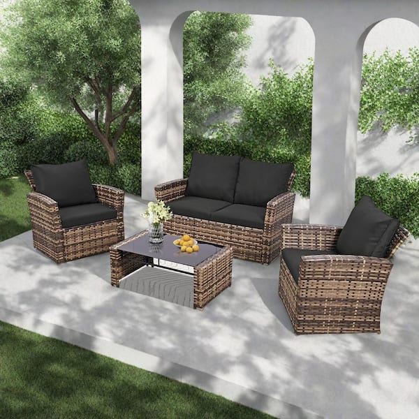 4-Piece Brown Wicker Outdoor Furniture Sectional Set with Glass Table and Black Cushions