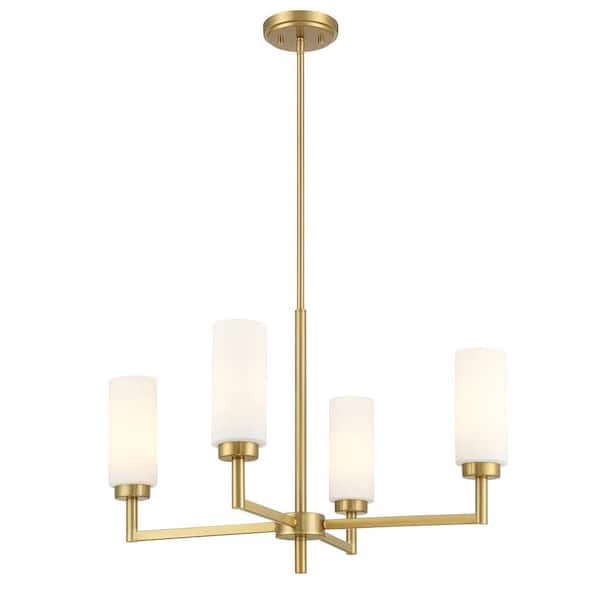 26 in. W x 17 in. H 4-Light Natural Brass Contemporary Chandelier with White Opal Glass Shades